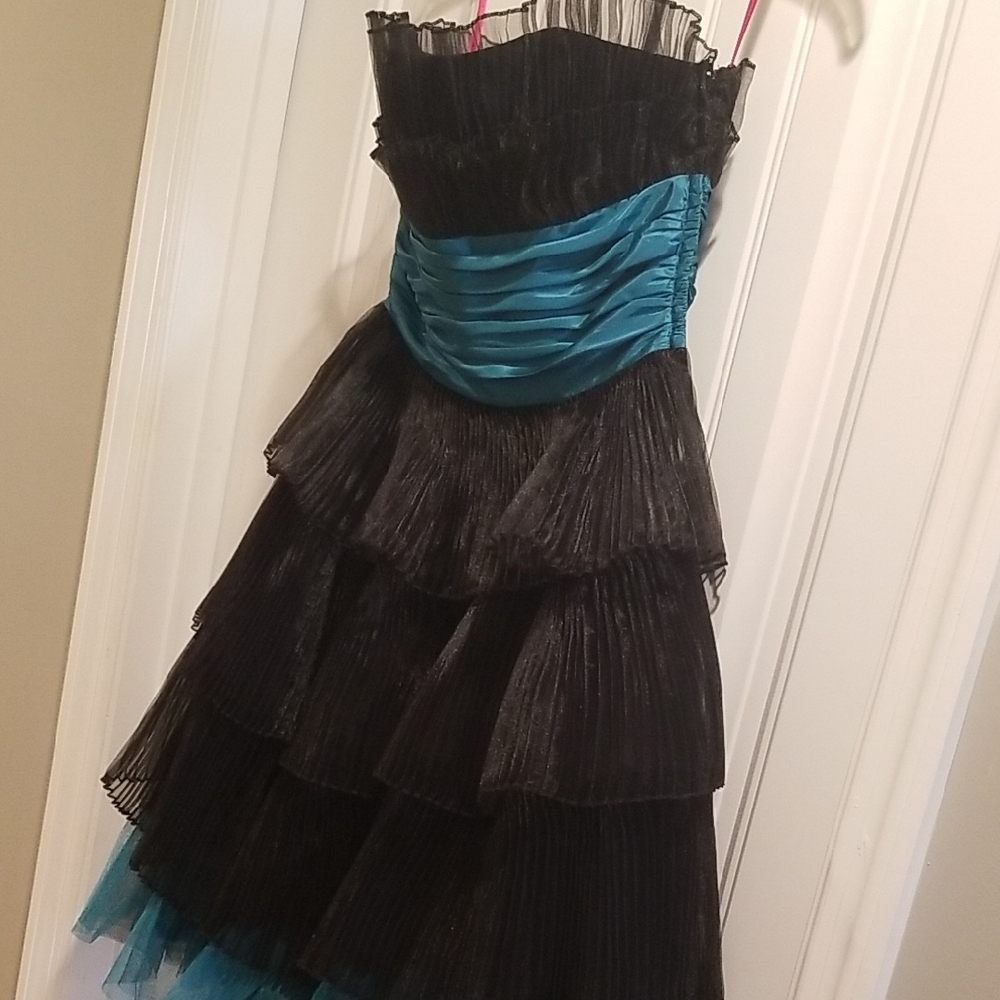Betsey Johnson Black Gown with Ruffled Tiered Skirt and Strapless Neckline. NWO